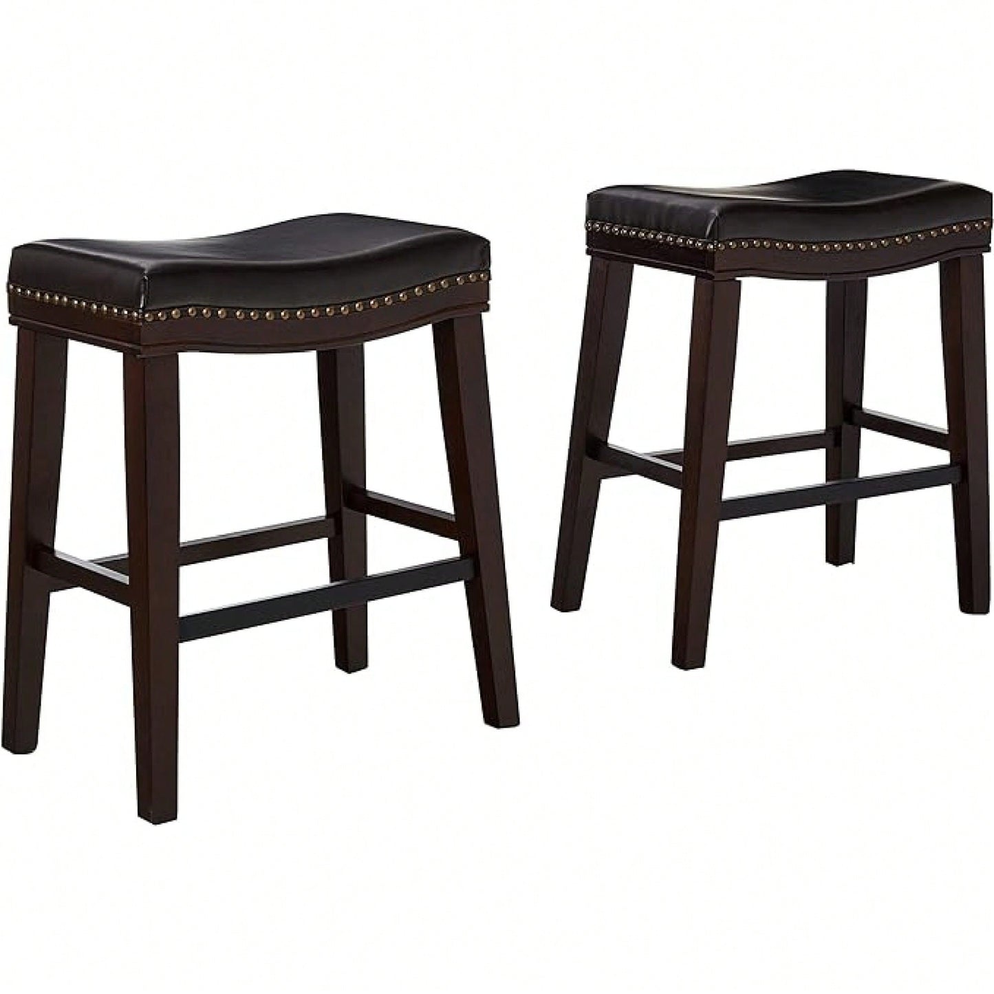 Set Of 2 Modern Upholstered Saddle Counter Stools With Nailhead Trim In Dark Brown - Perfect For Kitchen Or Bar Seating