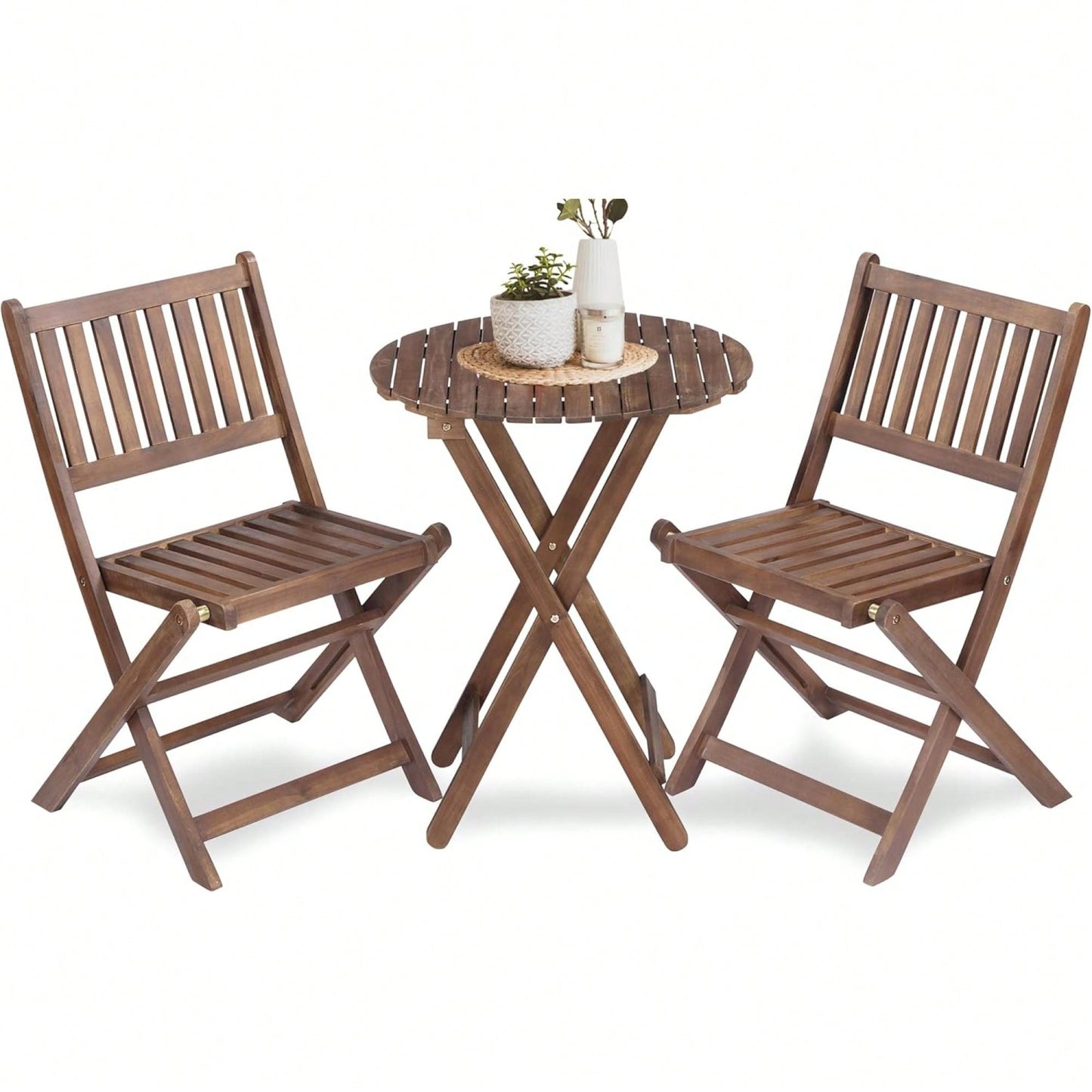 Acacia Wood 3-Piece Folding Bistro Set with Coffee Table and 2 Chairs for Garden Balcony Porch