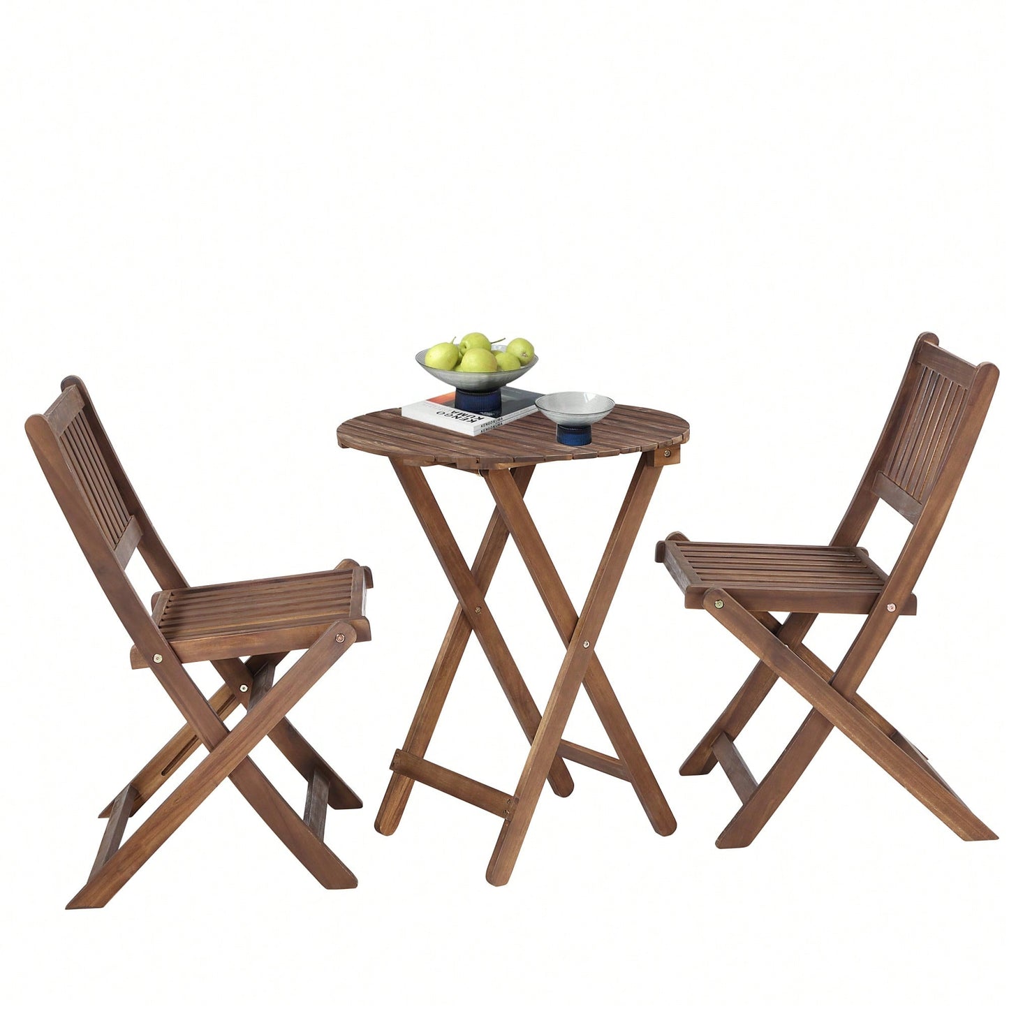 Acacia Wood 3-Piece Folding Bistro Set with Coffee Table and 2 Chairs for Garden Balcony Porch