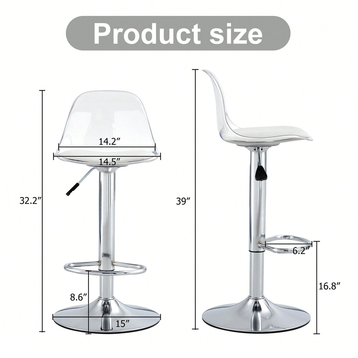 Set Of 2 Adjustable Modern Minimalist 360° Rotating Bar Chairs - Stylish PET Backrest & PU Seat For Bars And Restaurants