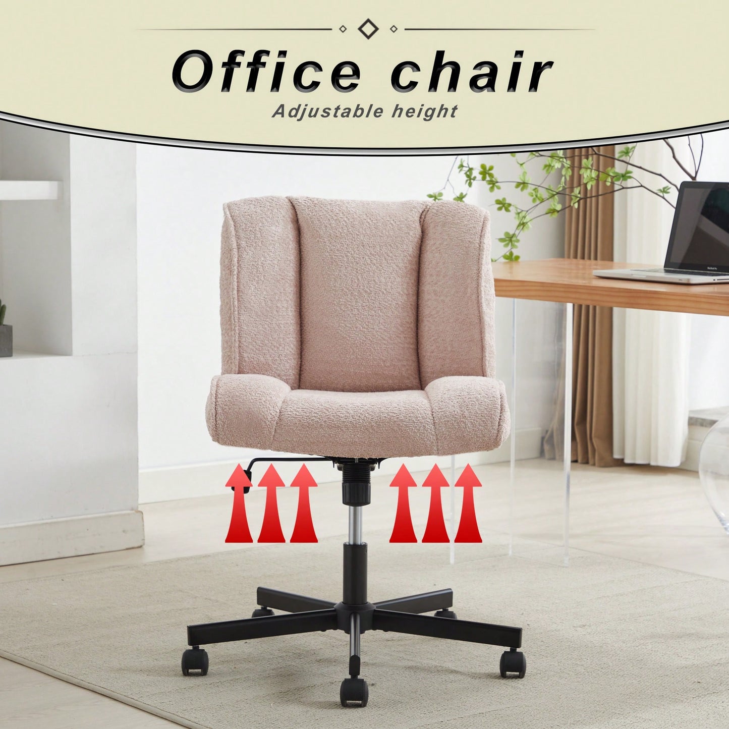 Adjustable Swivel Armless Office Chair on Wheels for Home Bedroom and Vanity in Durable White Fabric