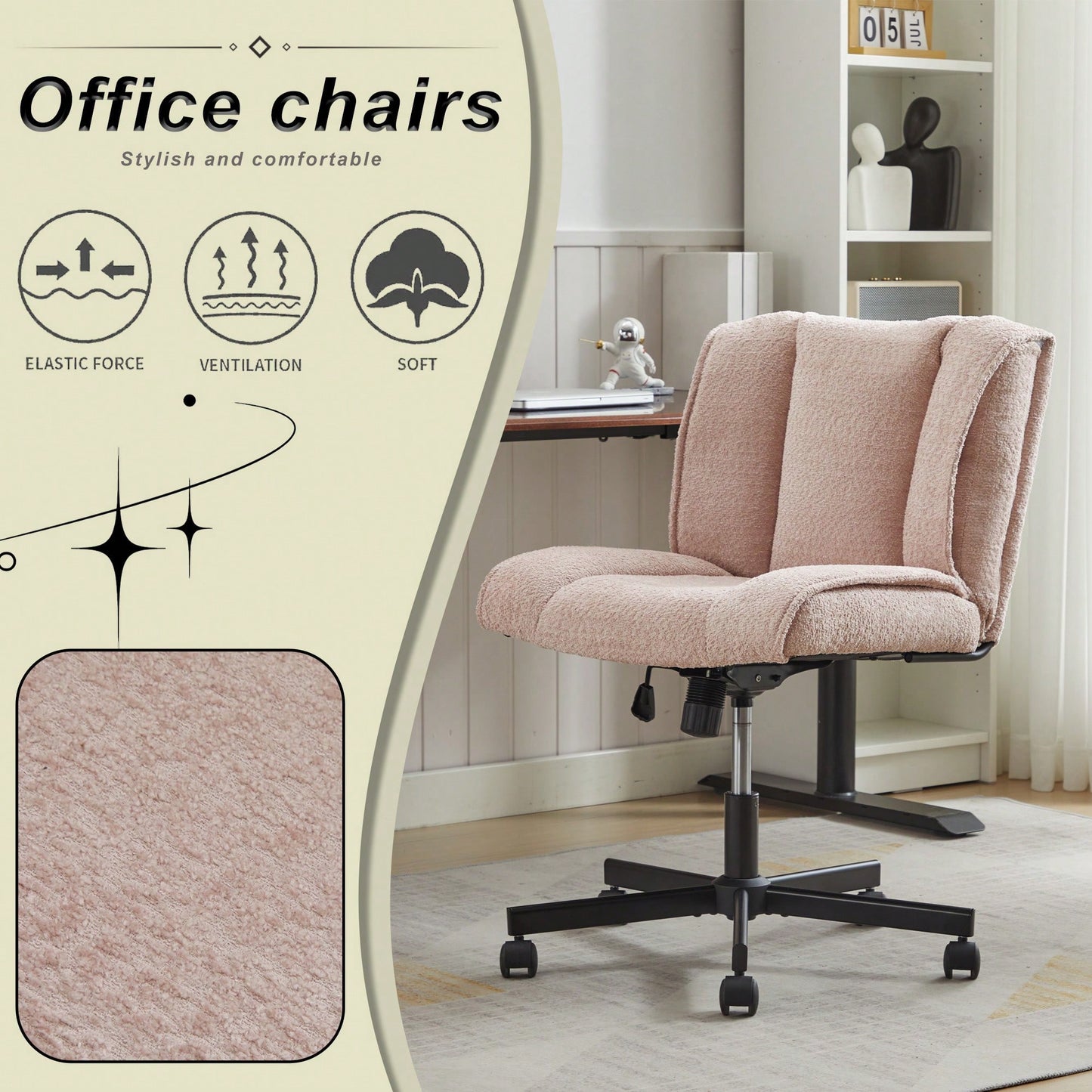 Adjustable Swivel Armless Office Chair on Wheels for Home Bedroom and Vanity in Durable White Fabric