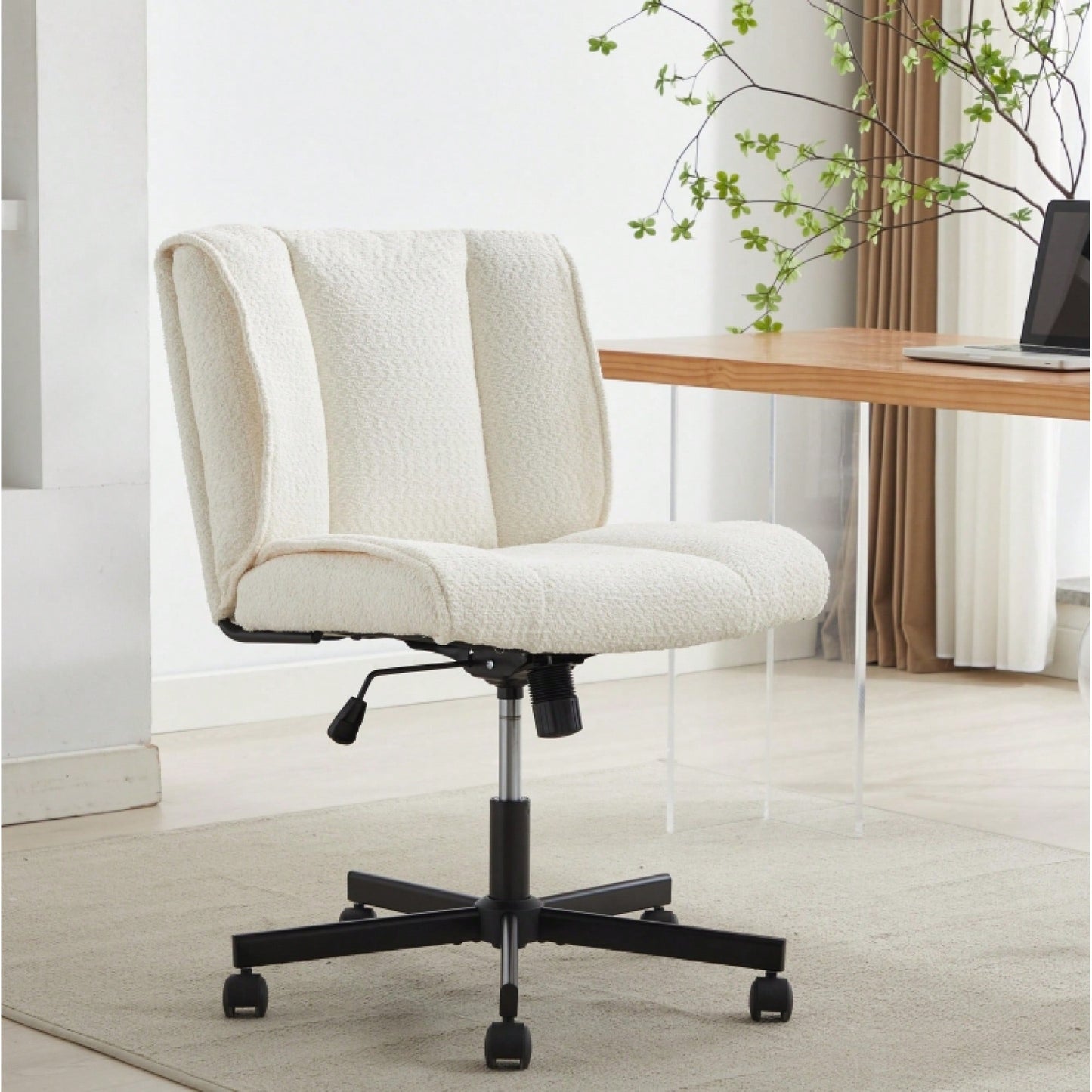 Adjustable Swivel Armless Office Chair on Wheels for Home Bedroom and Vanity in Durable White Fabric