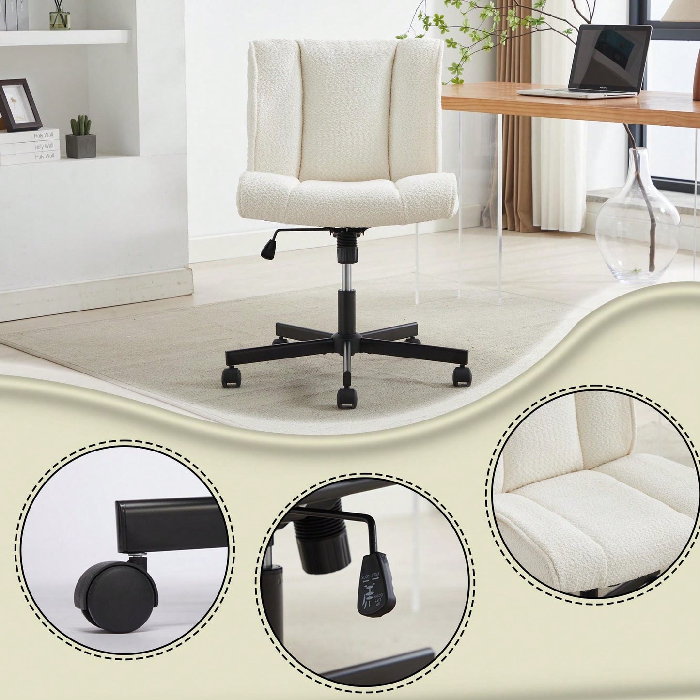 Adjustable Swivel Armless Office Chair on Wheels for Home Bedroom and Vanity in Durable White Fabric