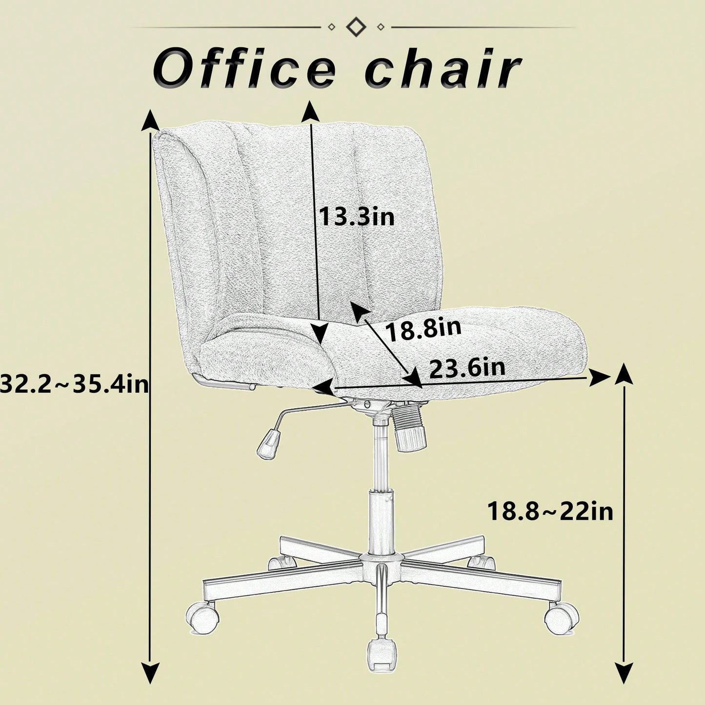 Adjustable Swivel Armless Office Chair on Wheels for Home Bedroom and Vanity in Durable White Fabric