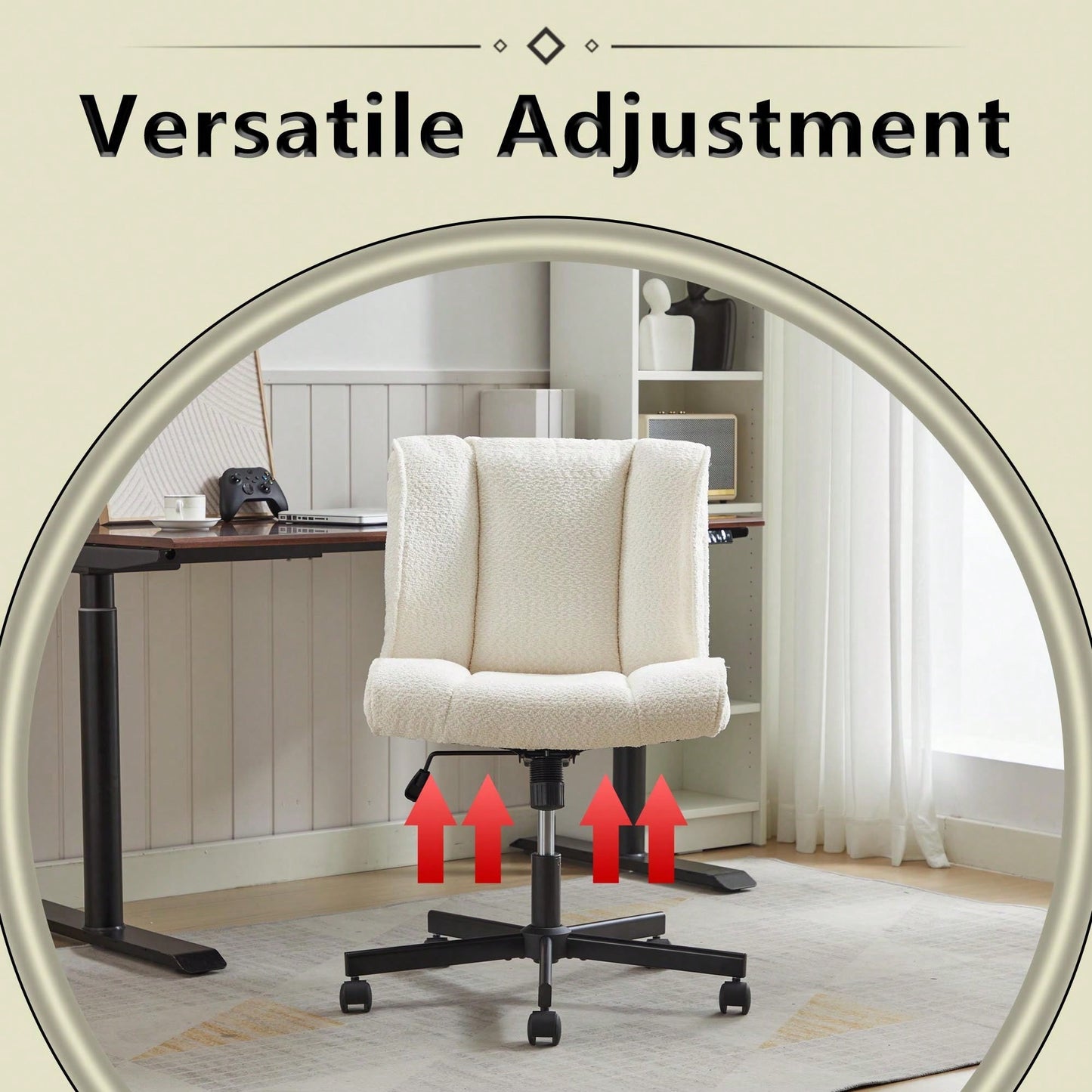 Adjustable Swivel Armless Office Chair on Wheels for Home Bedroom and Vanity in Durable White Fabric