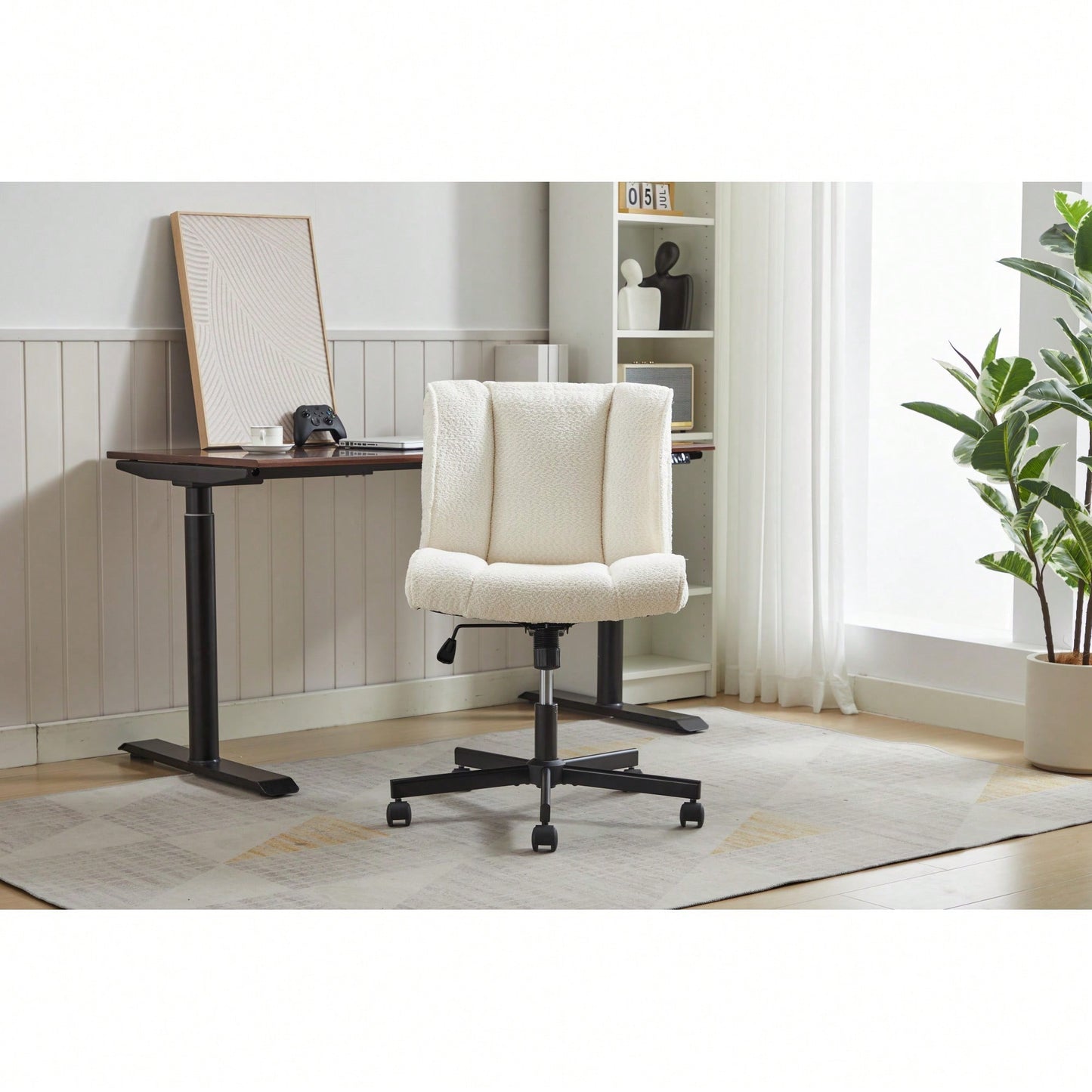 Adjustable Swivel Armless Office Chair on Wheels for Home Bedroom and Vanity in Durable White Fabric