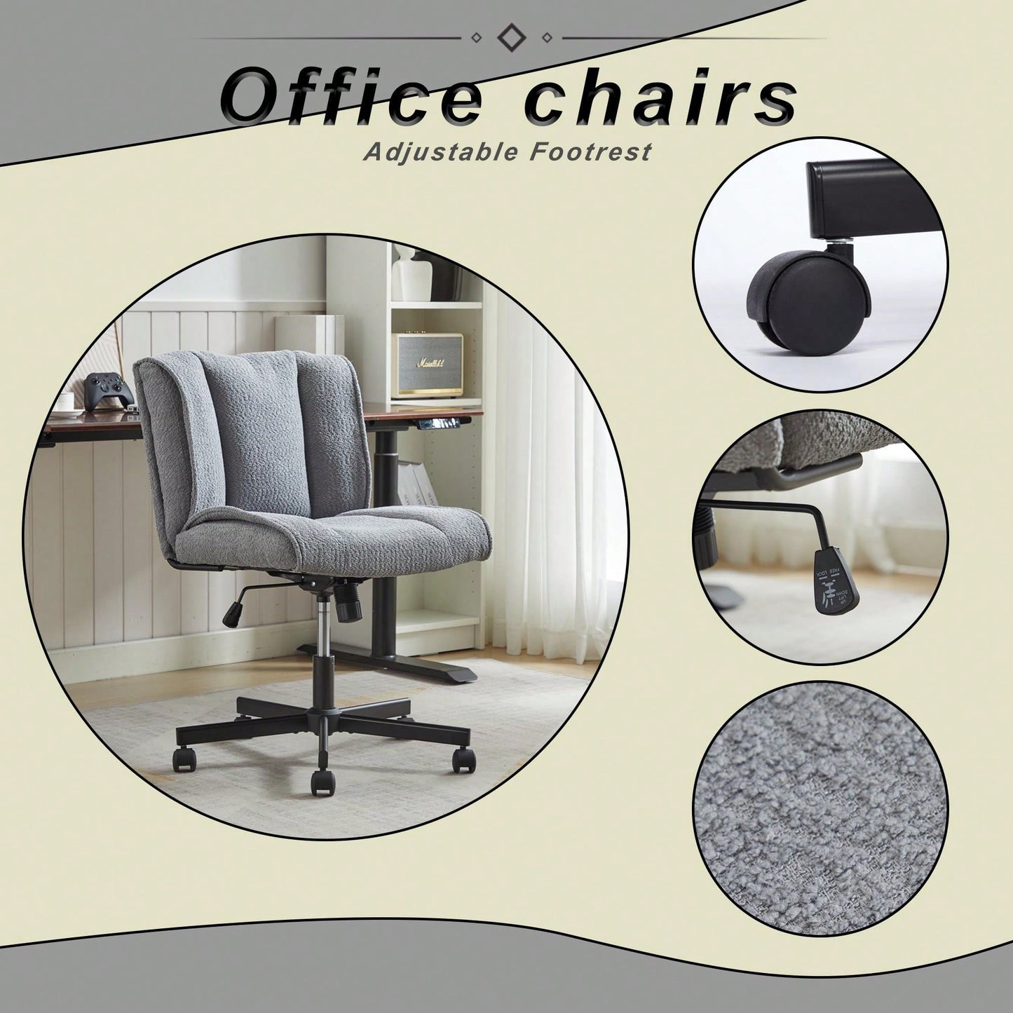 Adjustable Swivel Armless Office Chair on Wheels for Home Bedroom and Vanity in Durable White Fabric