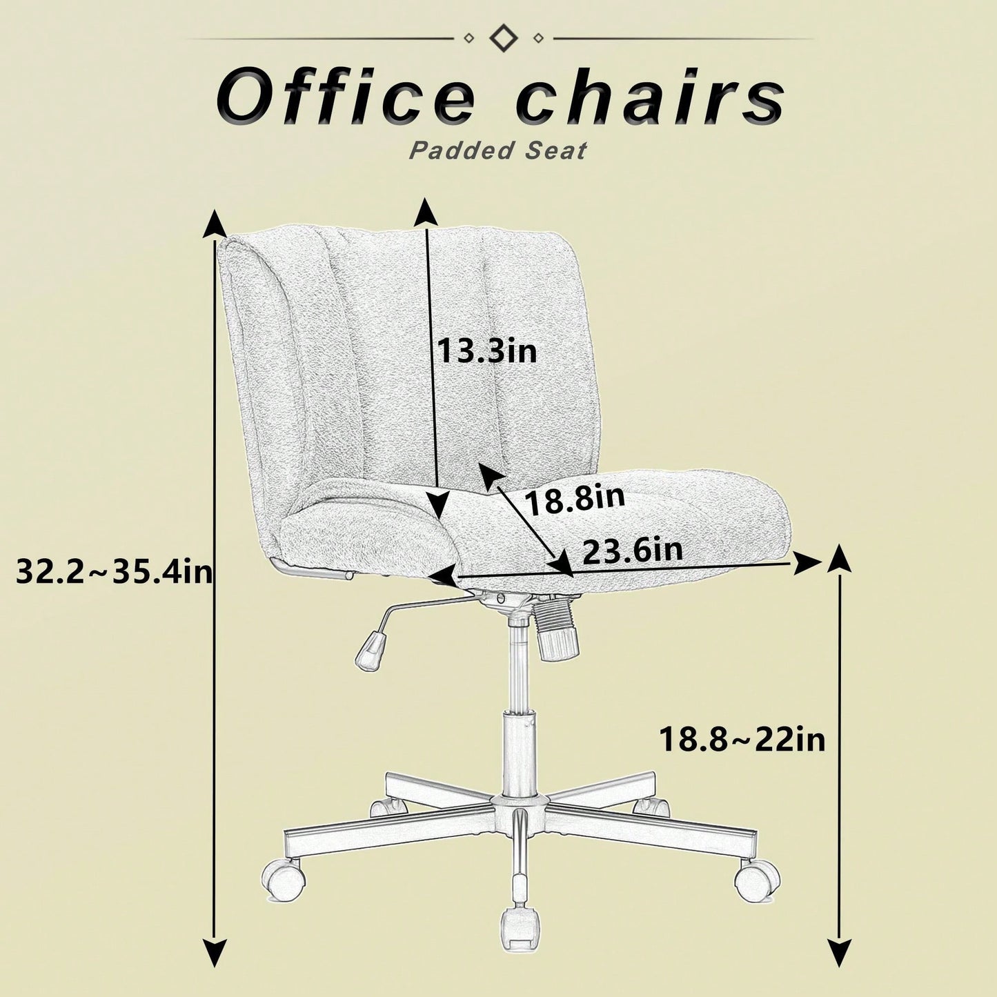 Adjustable Swivel Armless Office Chair on Wheels for Home Bedroom and Vanity in Durable White Fabric