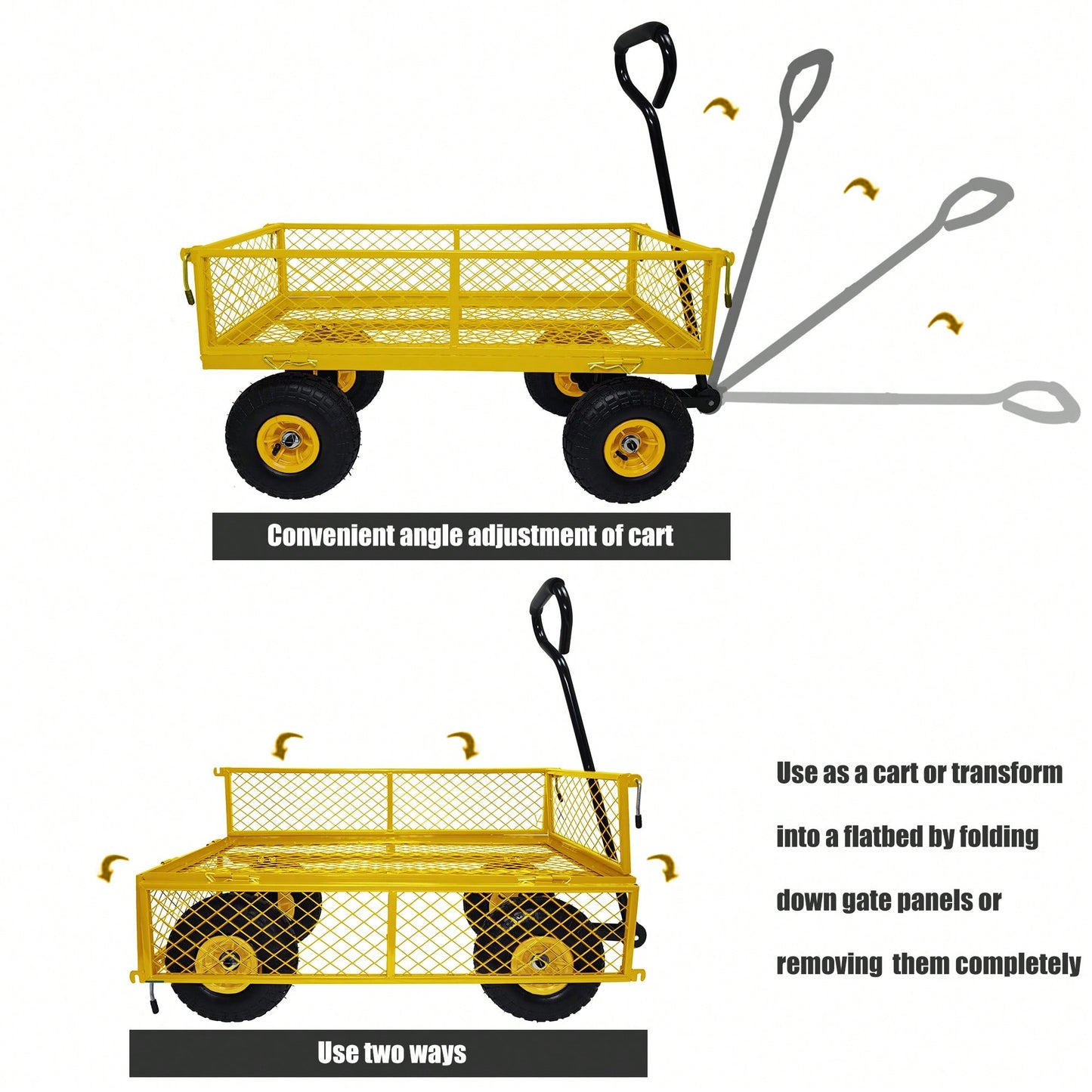 Heavy-Duty 3 Cu. Ft. Utility Wagon With Removable Sides - 300 Lbs. Capacity Steel Mesh Cart For Outdoor Garden Use - Bright Yellow