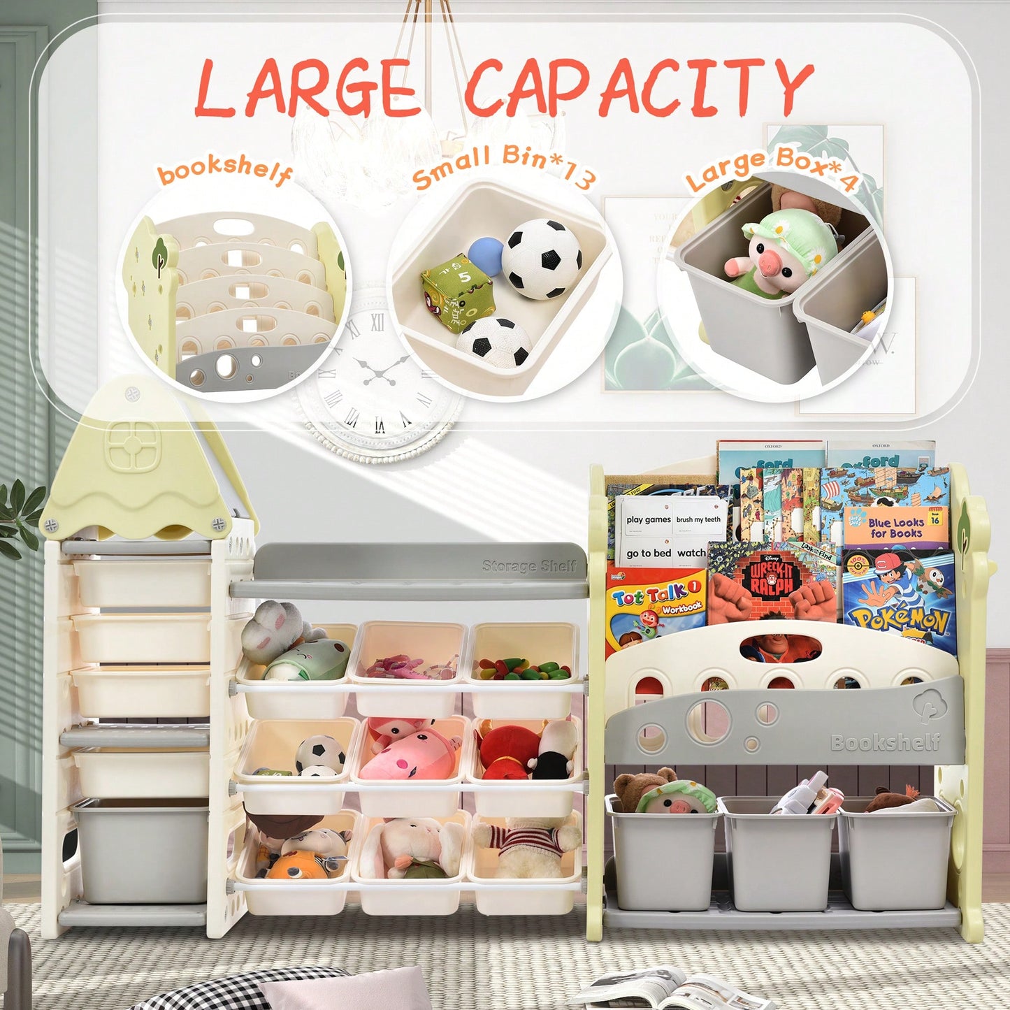 Multi-Functional Kids Toy Storage Organizer with 17 Bins and 5 Bookshelves for Toys and Books