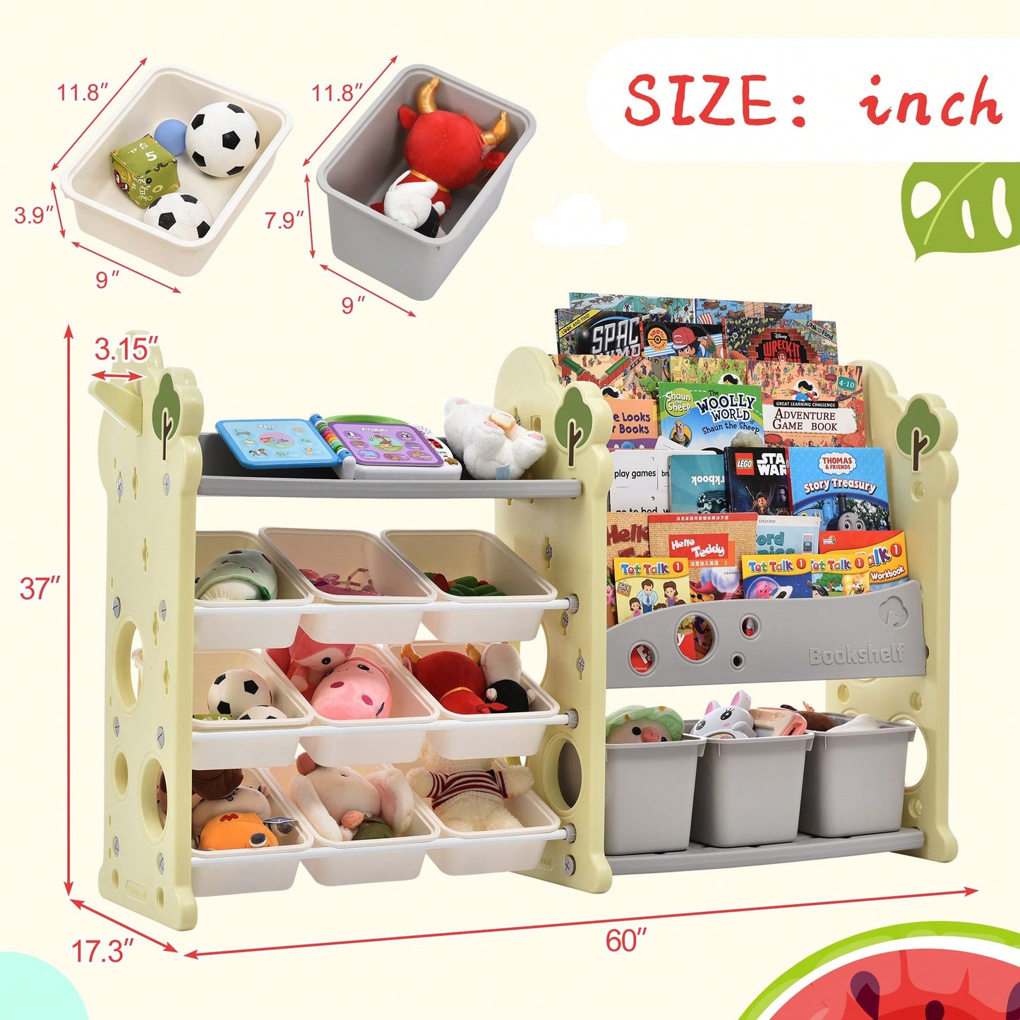 Multi-Functional Kids Toy Storage Organizer with 17 Bins and 5 Bookshelves for Toys and Books