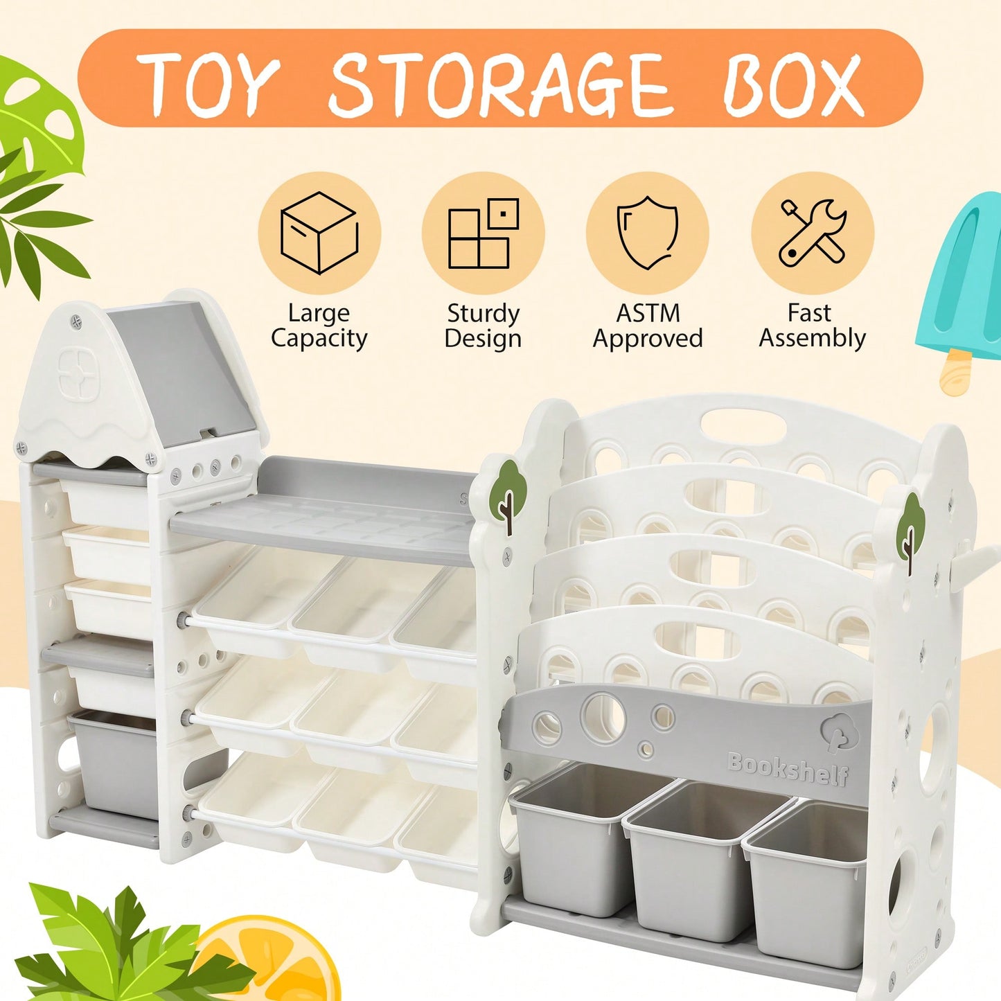 Multi-Functional Kids Toy Storage Organizer with 17 Bins and 5 Bookshelves for Toys and Books