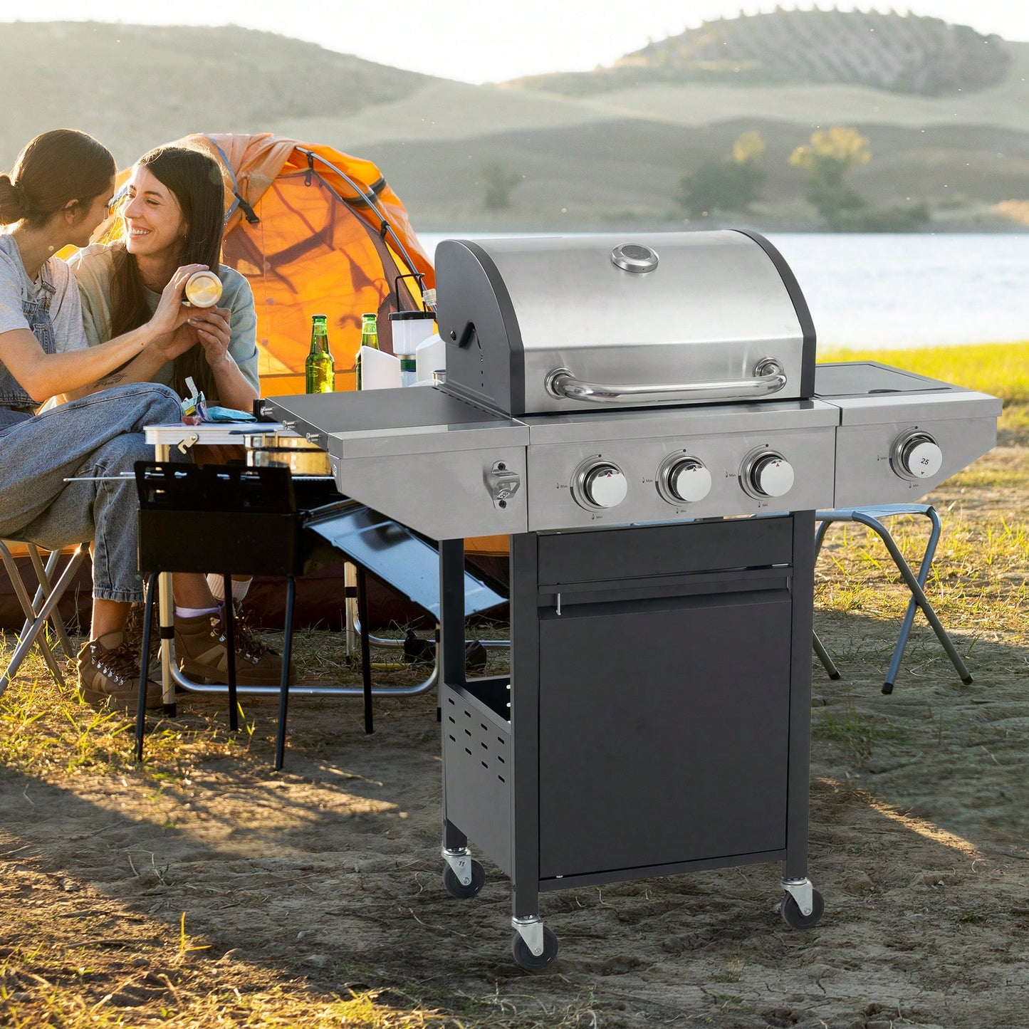 Versatile 3-Burner Propane Grill with Side Burner 37000 BTU Stainless Steel for Outdoor Cooking Black Silver Finish