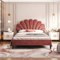 Elegant Full Size Velvet Platform Bed With Floral Pattern Headboard In Bean Paste Red