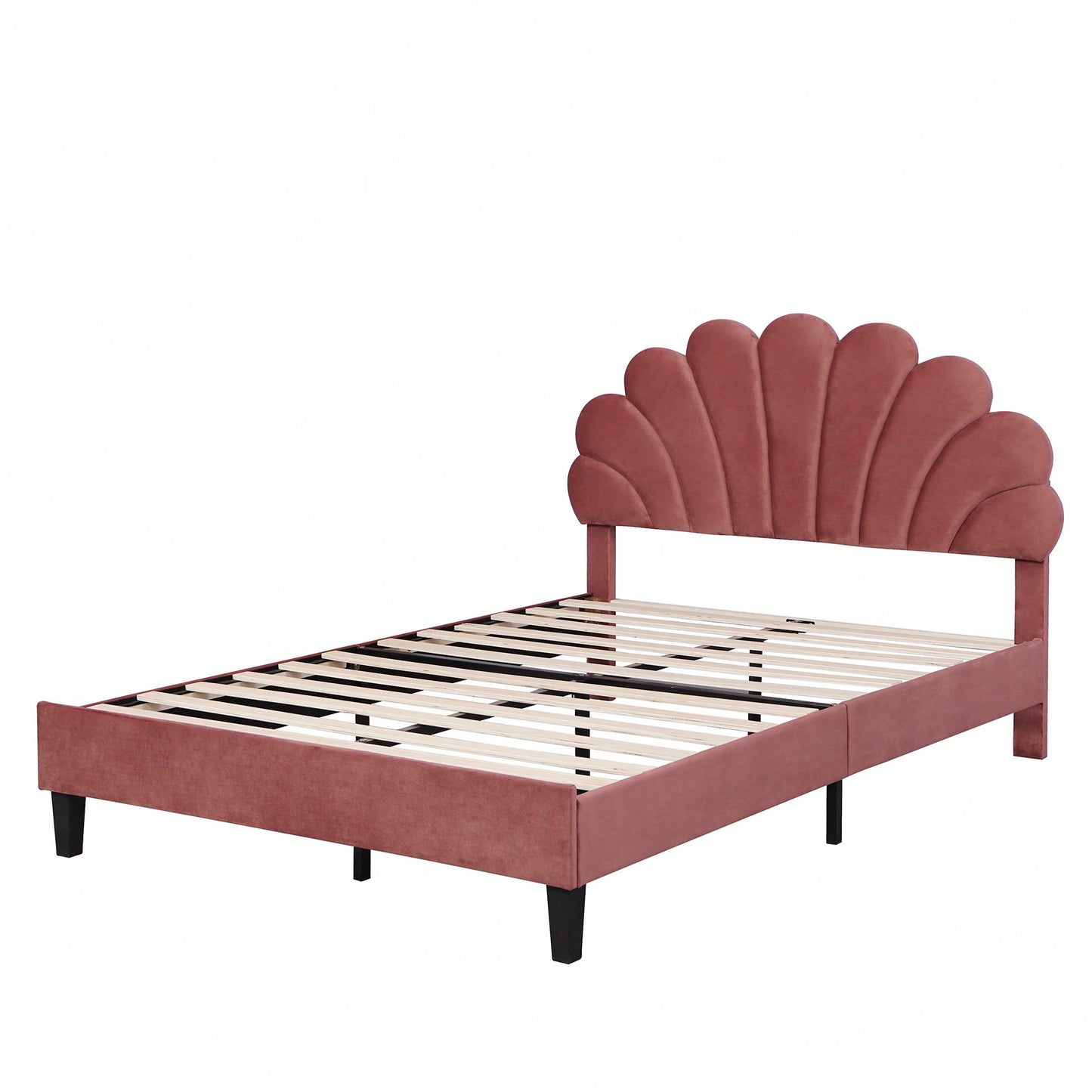 Elegant Full Size Velvet Platform Bed With Floral Pattern Headboard In Bean Paste Red