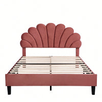 Elegant Full Size Velvet Platform Bed With Floral Pattern Headboard In Bean Paste Red