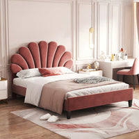 Elegant Full Size Velvet Platform Bed With Floral Pattern Headboard In Bean Paste Red