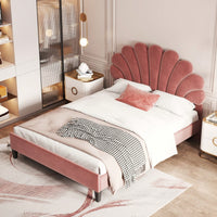 Elegant Full Size Velvet Platform Bed With Floral Pattern Headboard In Bean Paste Red