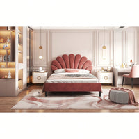 Elegant Full Size Velvet Platform Bed With Floral Pattern Headboard In Bean Paste Red
