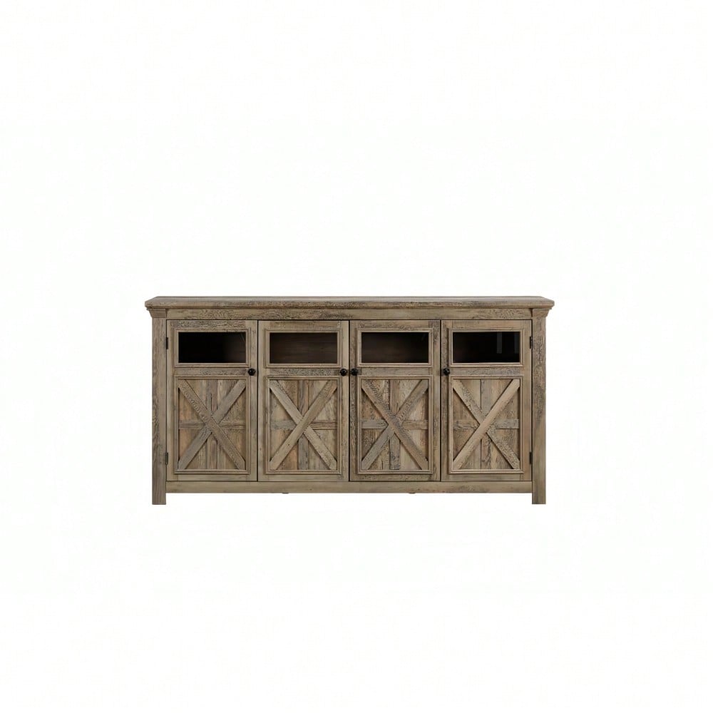 Farmhouse 4-Door Buffet Sideboard with Barn Design - Gray Wash Storage Cabinet for Dining Room Coffee Bar or Wine Bar