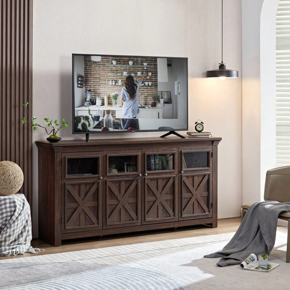 Farmhouse 4-Door Buffet Sideboard with Barn Design - Gray Wash Storage Cabinet for Dining Room Coffee Bar or Wine Bar