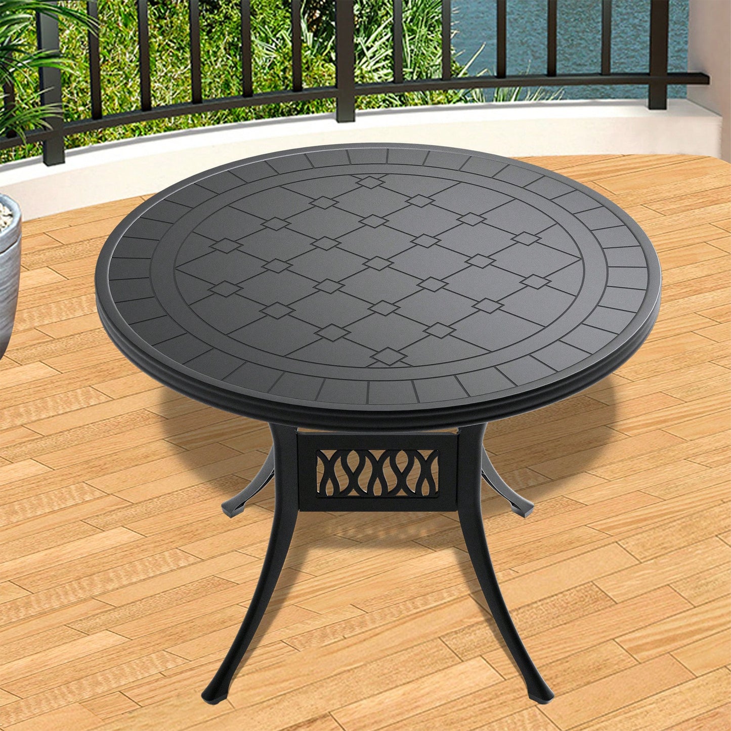 39.37-Inch Elegant Cast Aluminum Patio Dining Table With Stylish Black Frame And Intricate Carved Textured Top