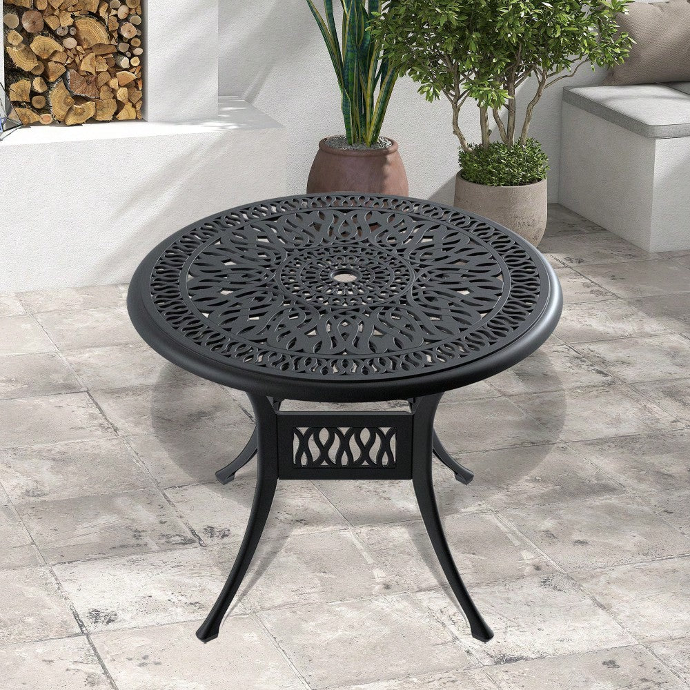 Stylish 35.43-Inch Cast Aluminum Patio Dining Table With Elegant Black Frame And Umbrella Hole