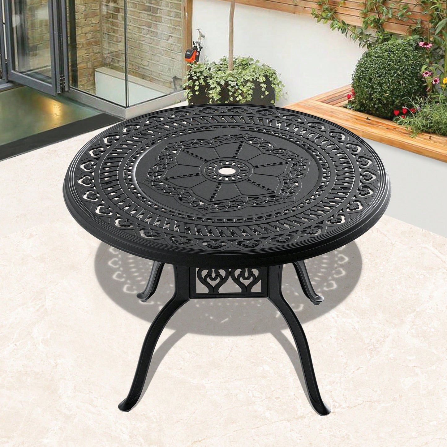 39.37-Inch Round Cast Aluminum Patio Dining Table With Umbrella Hole And Stylish Black Frame