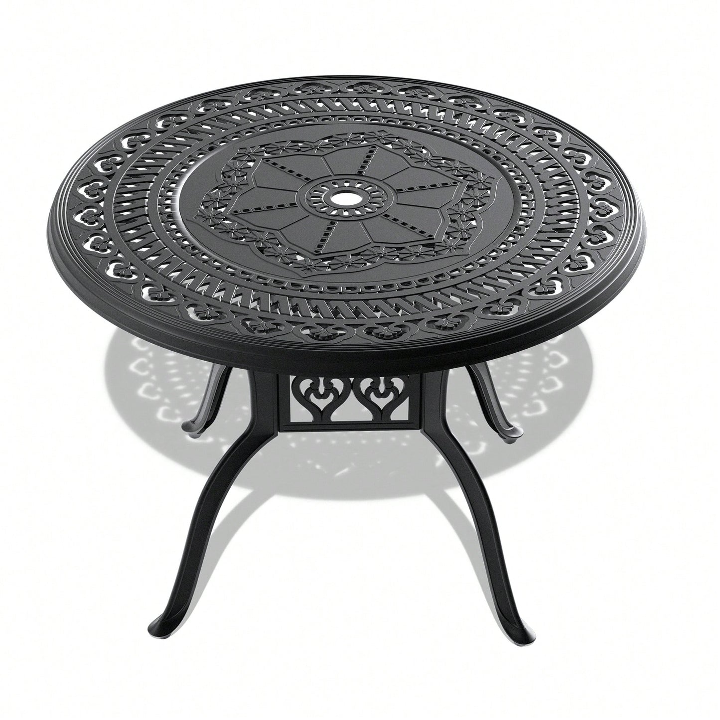 39.37-Inch Round Cast Aluminum Patio Dining Table With Umbrella Hole And Stylish Black Frame