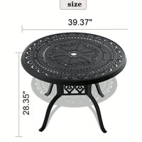 39.37-Inch Round Cast Aluminum Patio Dining Table With Umbrella Hole And Stylish Black Frame