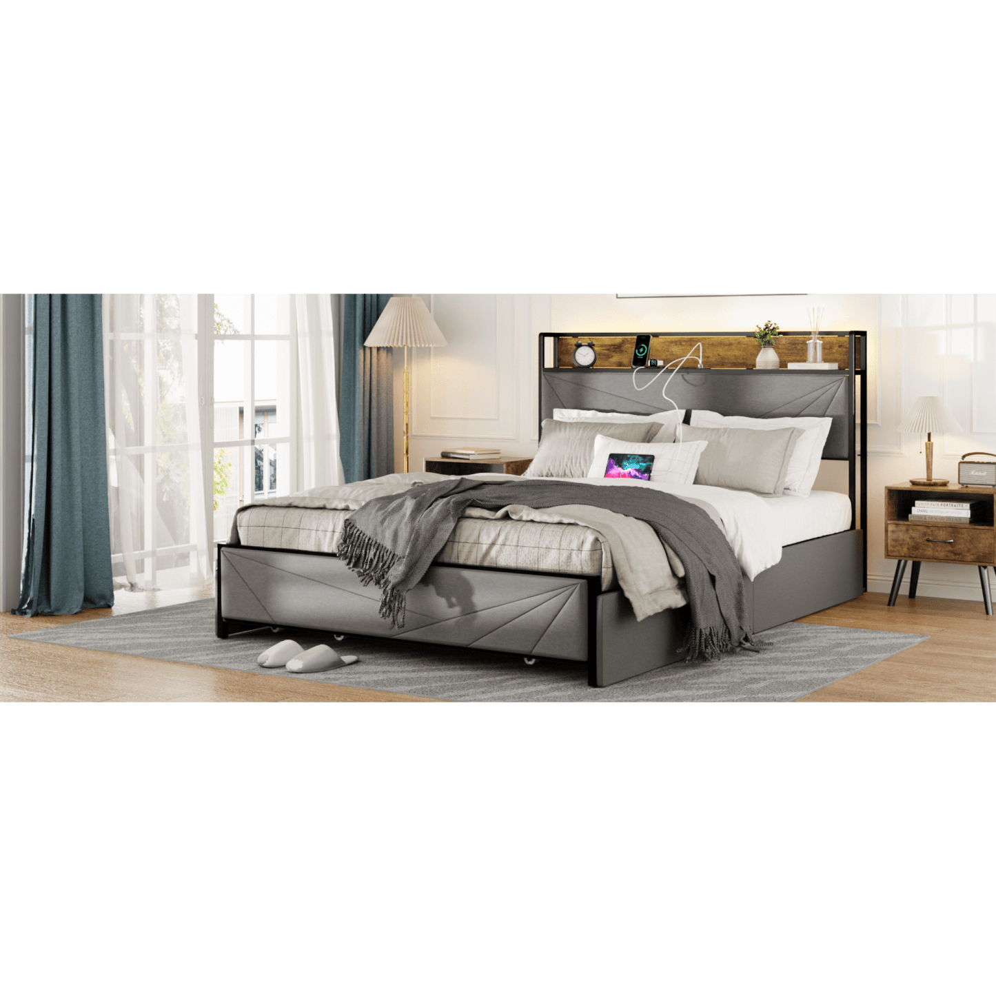 Stylish Full Size Upholstered Bed Frame with Storage Drawers and USB Ports Dark Grey Platform Design