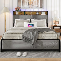 Stylish Full Size Upholstered Bed Frame with Storage Drawers and USB Ports Dark Grey Platform Design