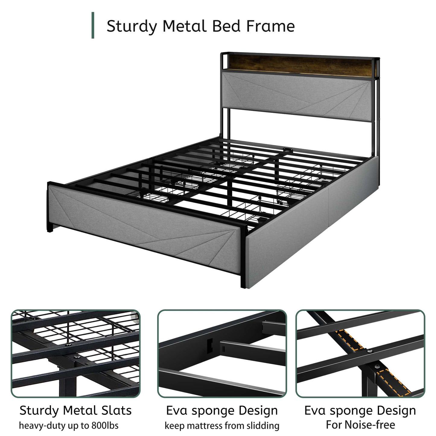 Stylish Full Size Upholstered Bed Frame with Storage Drawers and USB Ports Dark Grey Platform Design