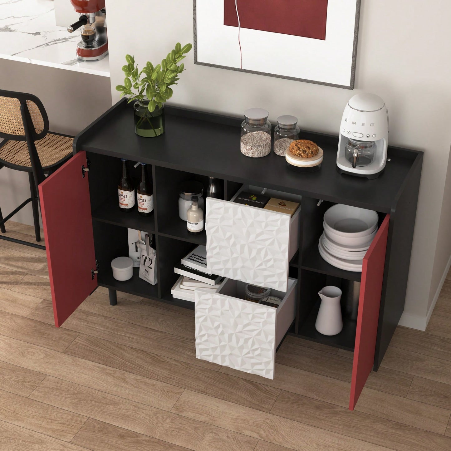 Sleek Black Buffet Cabinet with Blue Doors and Drawers Modern Kitchen and Dining Room Storage Solution