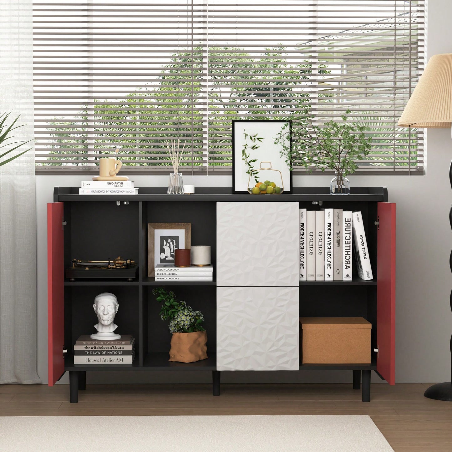 Sleek Black Buffet Cabinet with Blue Doors and Drawers Modern Kitchen and Dining Room Storage Solution