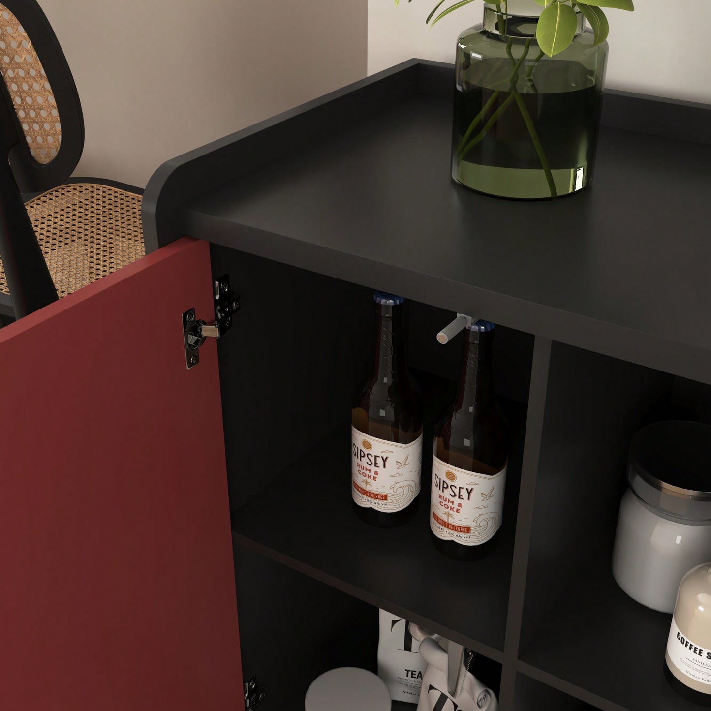 Sleek Black Buffet Cabinet with Blue Doors and Drawers Modern Kitchen and Dining Room Storage Solution