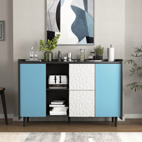 Sleek Black Buffet Cabinet with Blue Doors and Drawers Modern Kitchen and Dining Room Storage Solution