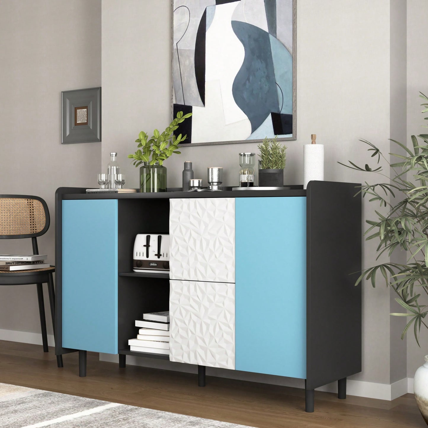 Sleek Black Buffet Cabinet with Blue Doors and Drawers Modern Kitchen and Dining Room Storage Solution