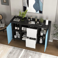 Sleek Black Buffet Cabinet with Blue Doors and Drawers Modern Kitchen and Dining Room Storage Solution