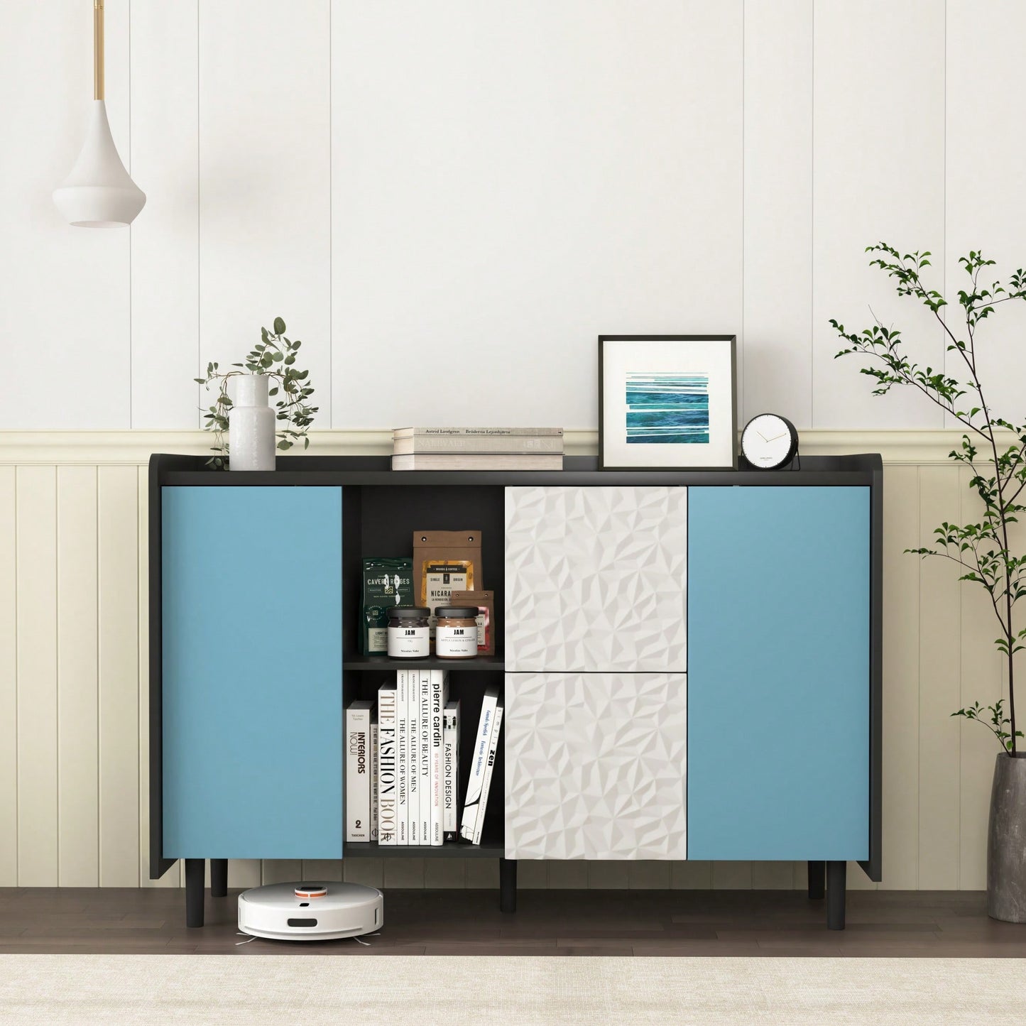 Sleek Black Buffet Cabinet with Blue Doors and Drawers Modern Kitchen and Dining Room Storage Solution