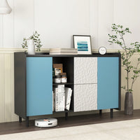 Sleek Black Buffet Cabinet with Blue Doors and Drawers Modern Kitchen and Dining Room Storage Solution