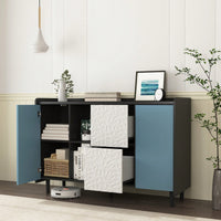 Sleek Black Buffet Cabinet with Blue Doors and Drawers Modern Kitchen and Dining Room Storage Solution