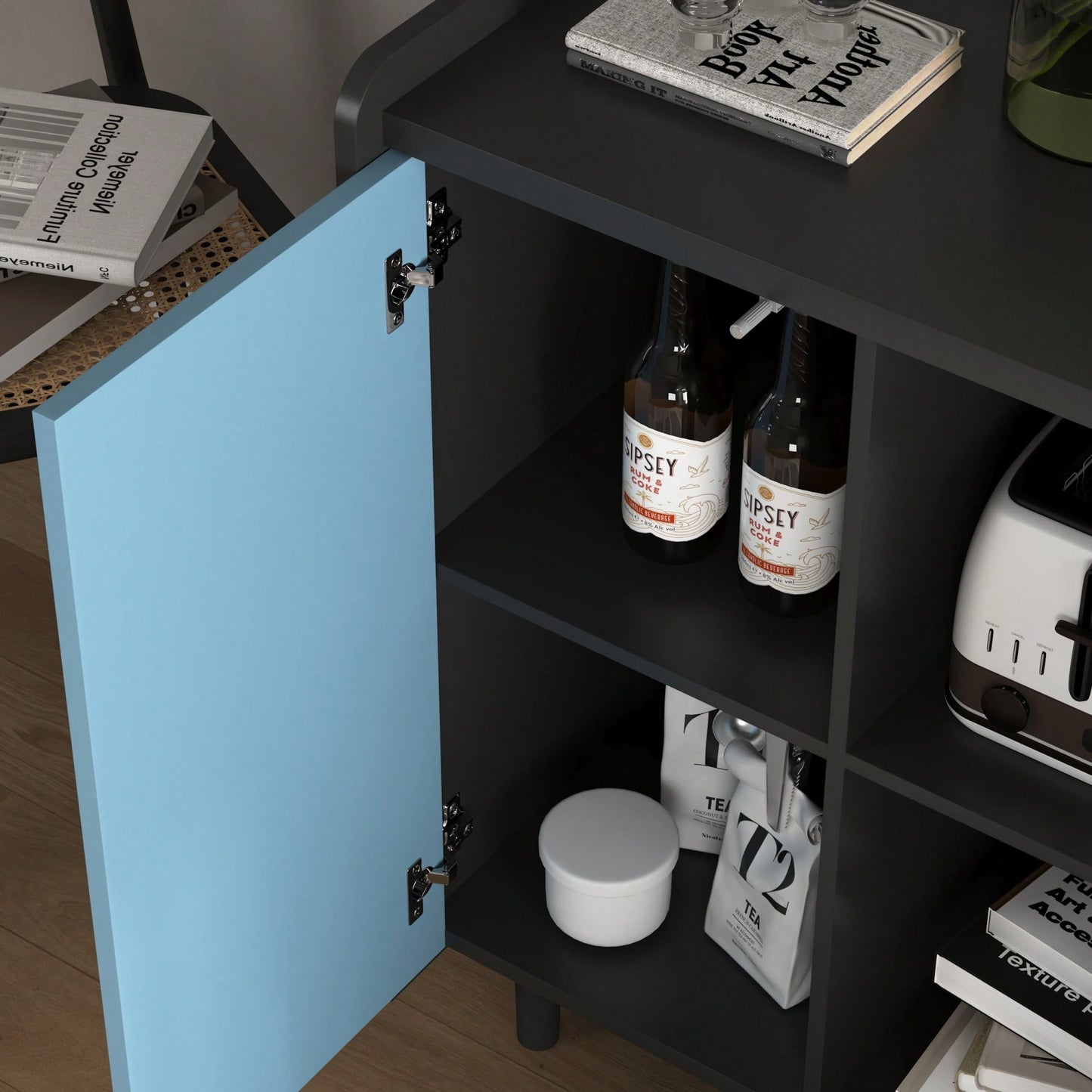 Sleek Black Buffet Cabinet with Blue Doors and Drawers Modern Kitchen and Dining Room Storage Solution