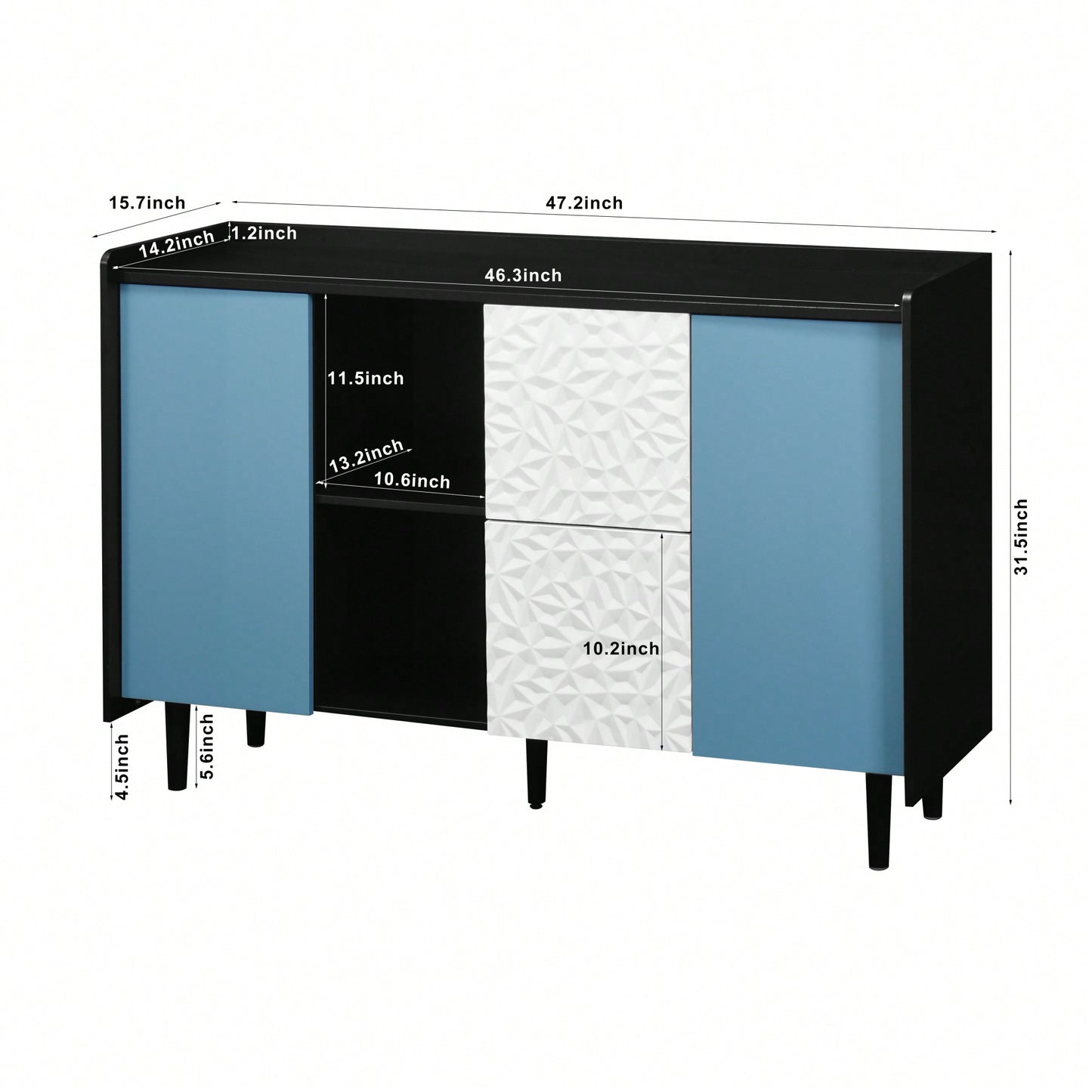 Sleek Black Buffet Cabinet with Blue Doors and Drawers Modern Kitchen and Dining Room Storage Solution