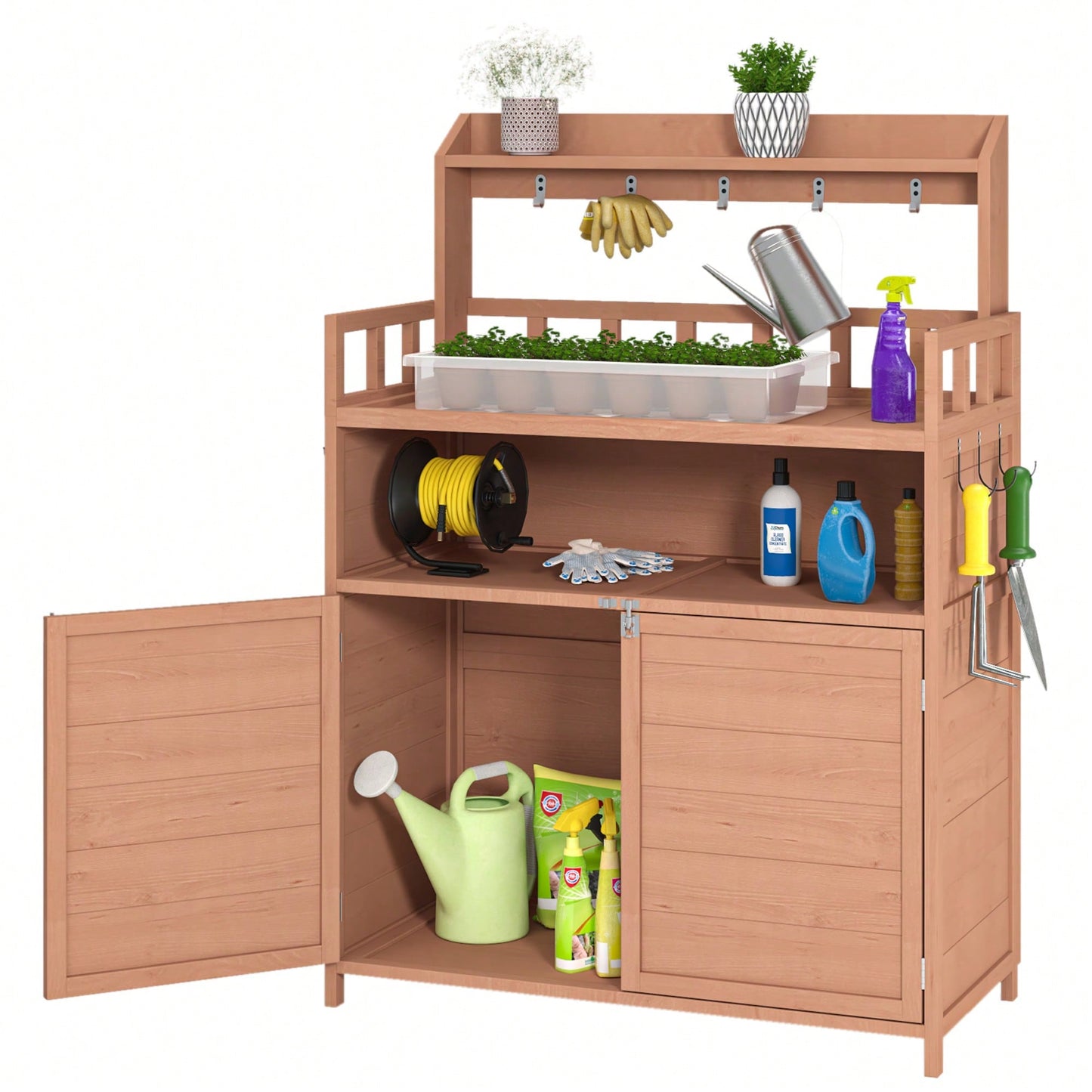 Outdoor Potting Bench With Ample Storage Cabinet And Top Shelf For Gardening And Planting Activities On Your Patio