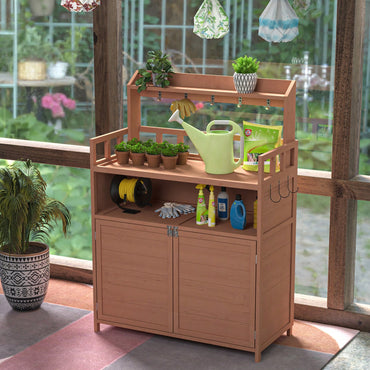 Outdoor Potting Bench With Ample Storage Cabinet And Top Shelf For Gardening And Planting Activities On Your Patio