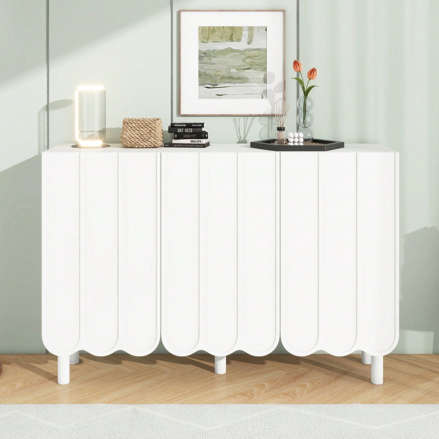 Minimalist White Shoe Cabinet with 5 Wooden Legs Adjustable Shelves and Wave Doors for Stylish Living Room Storage