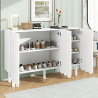 Minimalist White Shoe Cabinet with 5 Wooden Legs Adjustable Shelves and Wave Doors for Stylish Living Room Storage