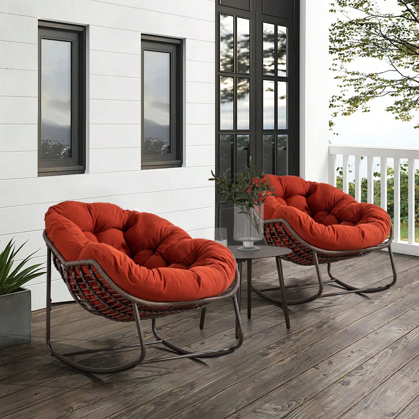 Outdoor Rattan Rocking Chair With Padded Cushion - Stylish Rocker Recliner For Patio, Porch, Garden, And Living Room, Orange